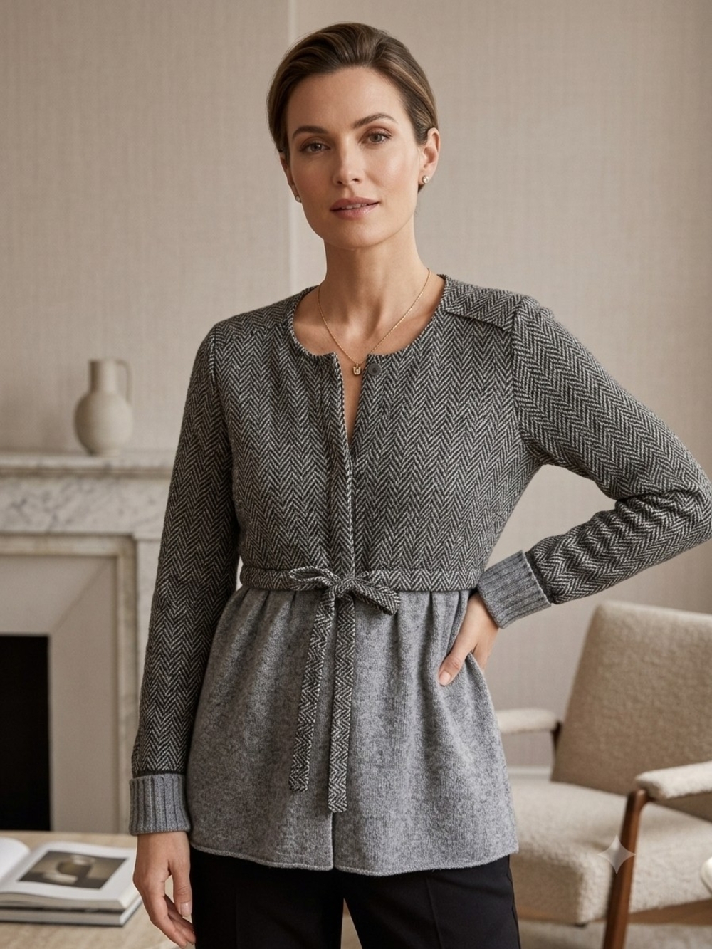 Manila Grace Italy Herringbone & Knit Virgin Wool Lined Peplum Cardigan US 8/10